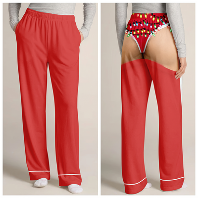 Christmas Gag - Personalized Pajama Pants for Men, Red Satin Holiday Sleepwear, Funny Santa Party Pants