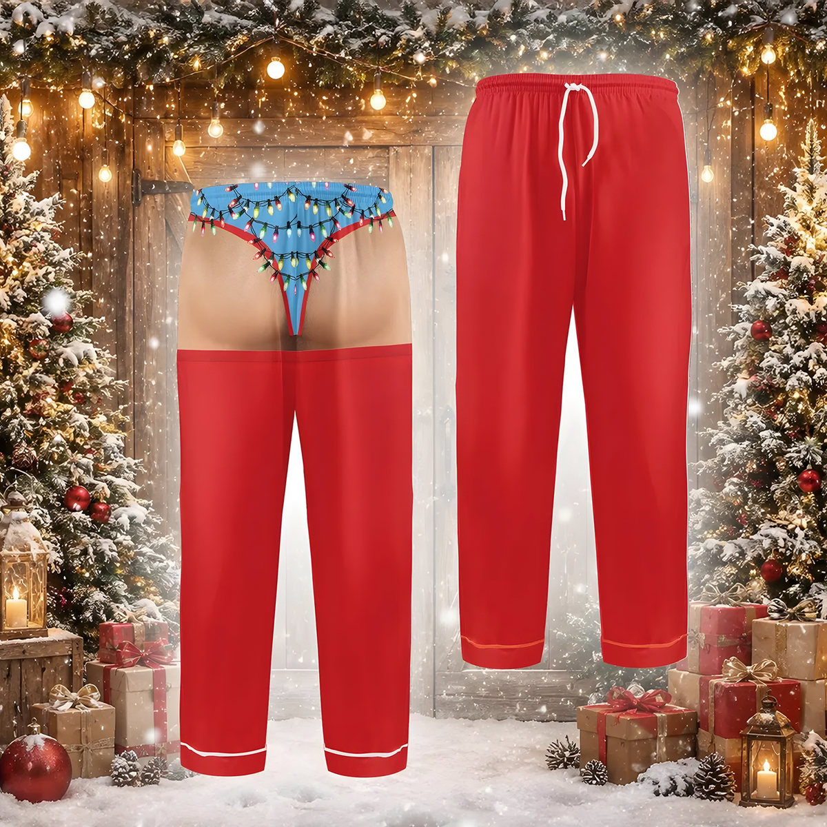 Christmas Gag - Personalized Pajama Pants for Men, Red Satin Holiday Sleepwear, Funny Santa Party Pants