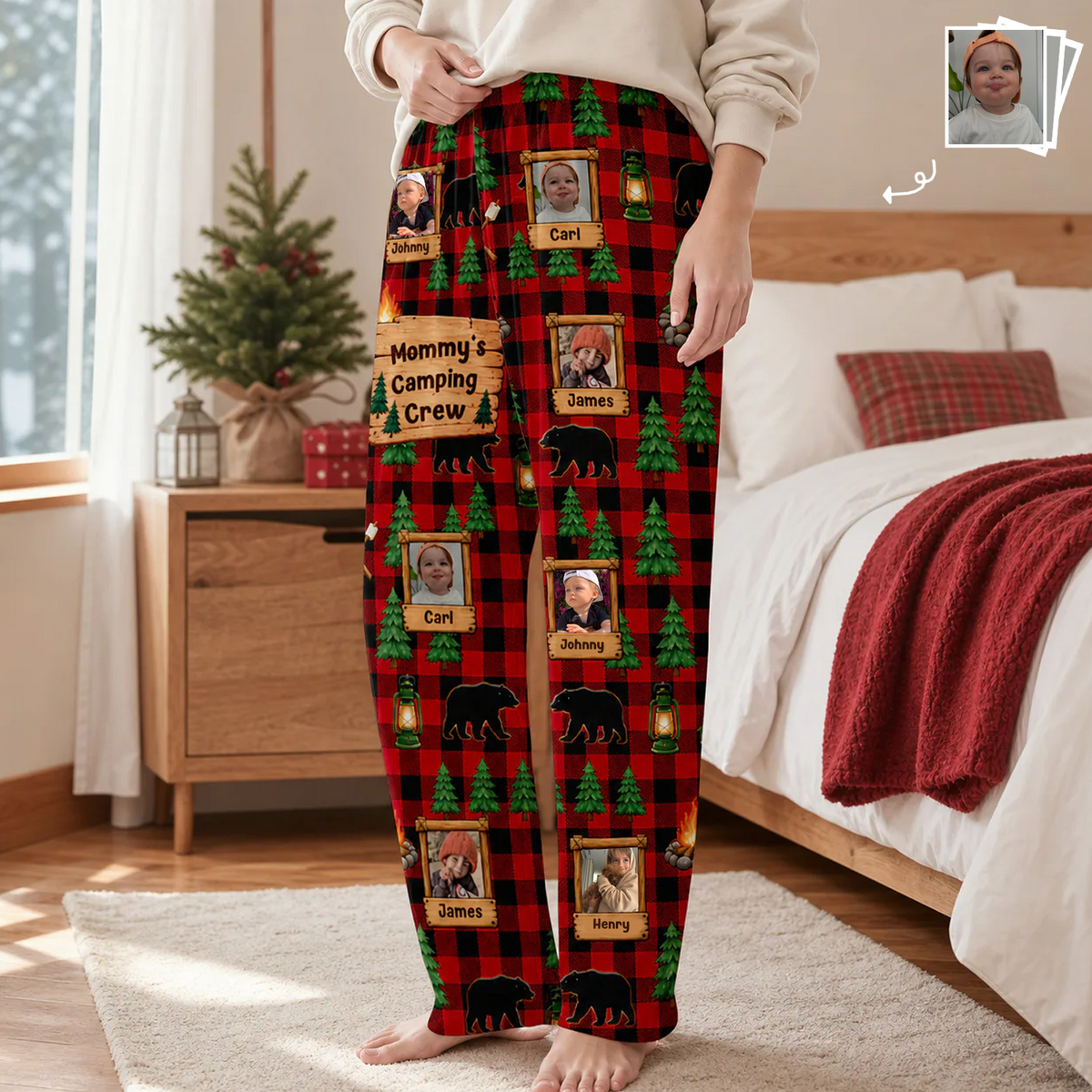Grandma's Camping Crew - Personalized Pajama Pants, Buffalo Plaid Camping, Custom Photo Christmas Gift For Grandma, Family