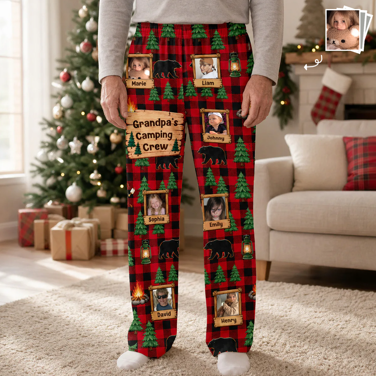 Grandma's Camping Crew - Personalized Pajama Pants, Buffalo Plaid Camping, Custom Photo Christmas Gift For Grandma, Family
