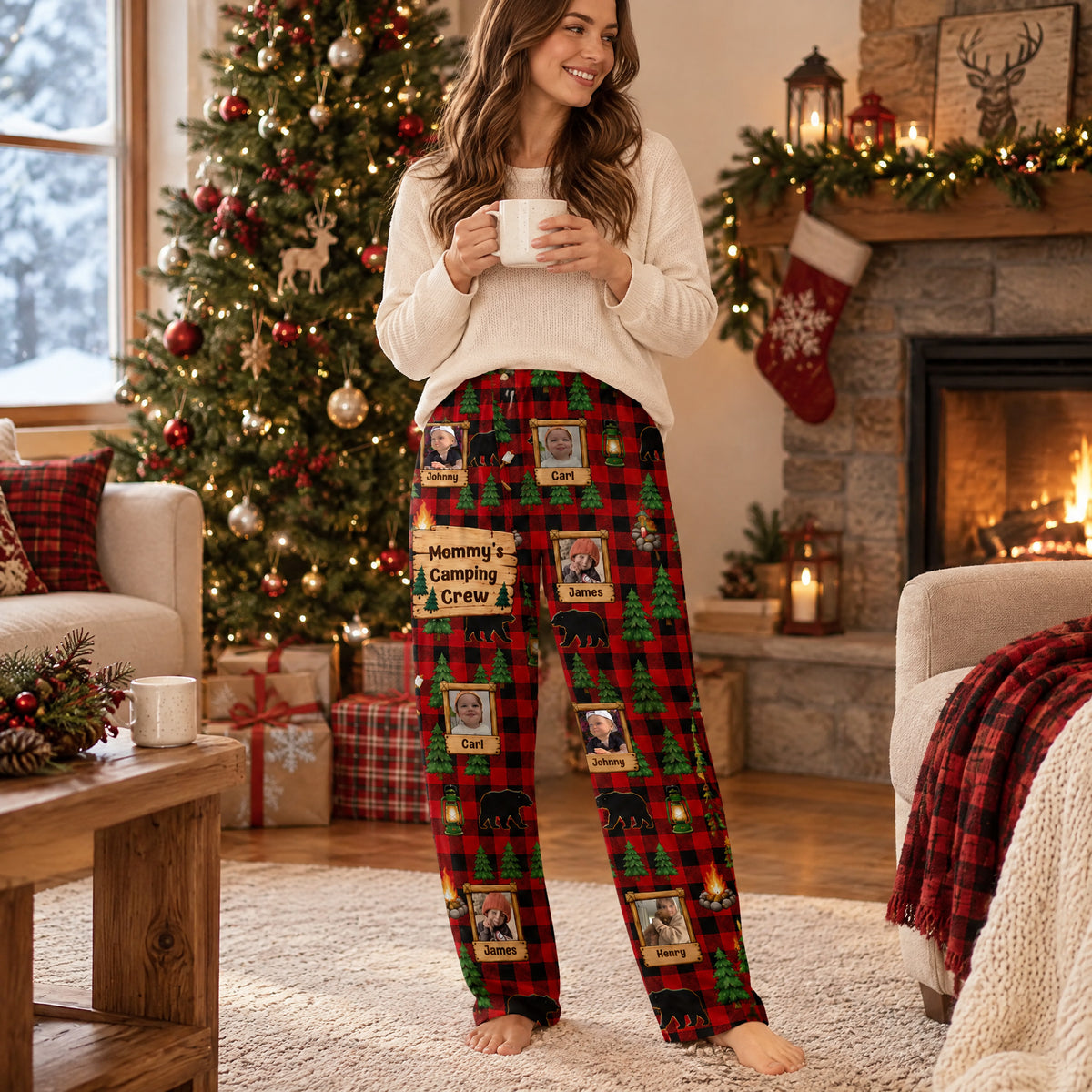 Grandma's Camping Crew - Personalized Pajama Pants, Buffalo Plaid Camping, Custom Photo Christmas Gift For Grandma, Family