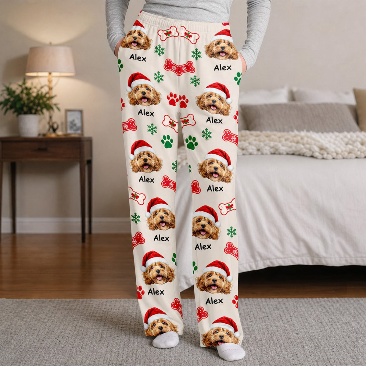 Custom Pet Bone and Paw Print Christmas - Personalized Pajama Pants, Gift for Pet Lovers