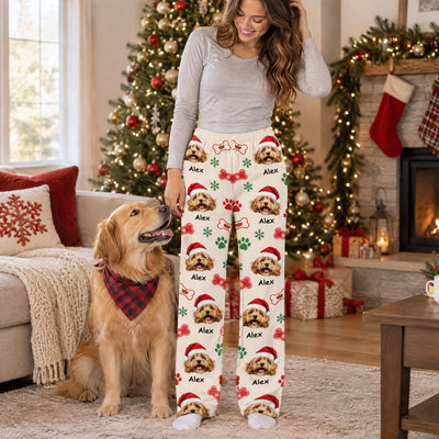 Custom Pet Bone and Paw Print Christmas - Personalized Pajama Pants, Gift for Pet Lovers