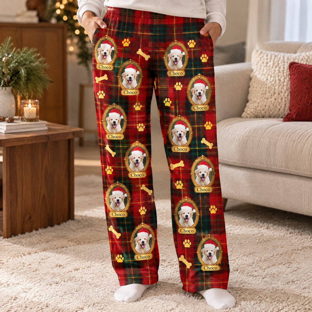 Custom pet framed portrait plaid pajama pants worn standing in a living room beside a sofa and wooden table