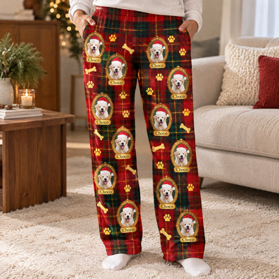 Custom pet framed portrait plaid pajama pants worn standing in a living room beside a sofa and wooden table
