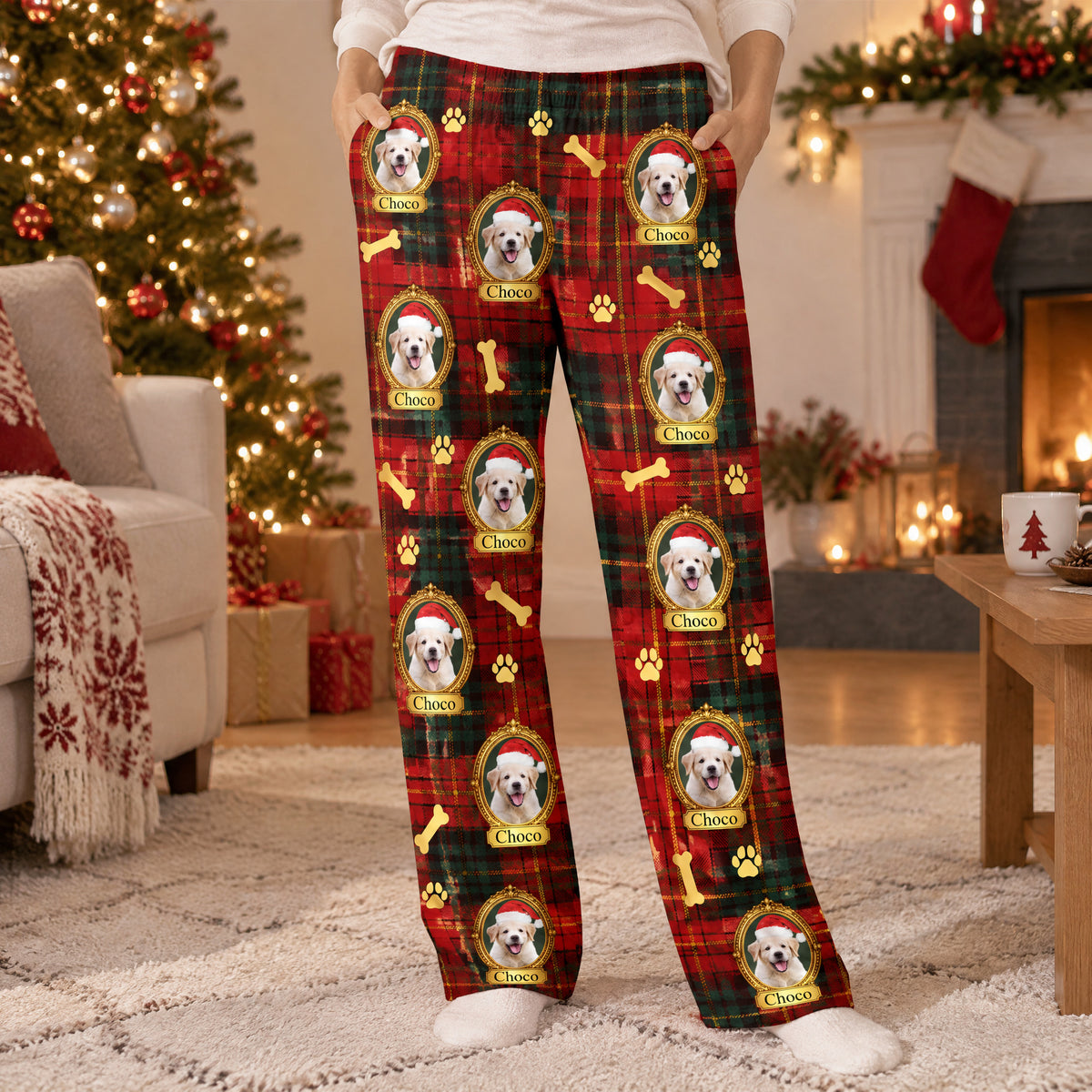 Custom pet framed portrait plaid pajama pants worn near a lit Christmas tree and fireplace with a stocking
