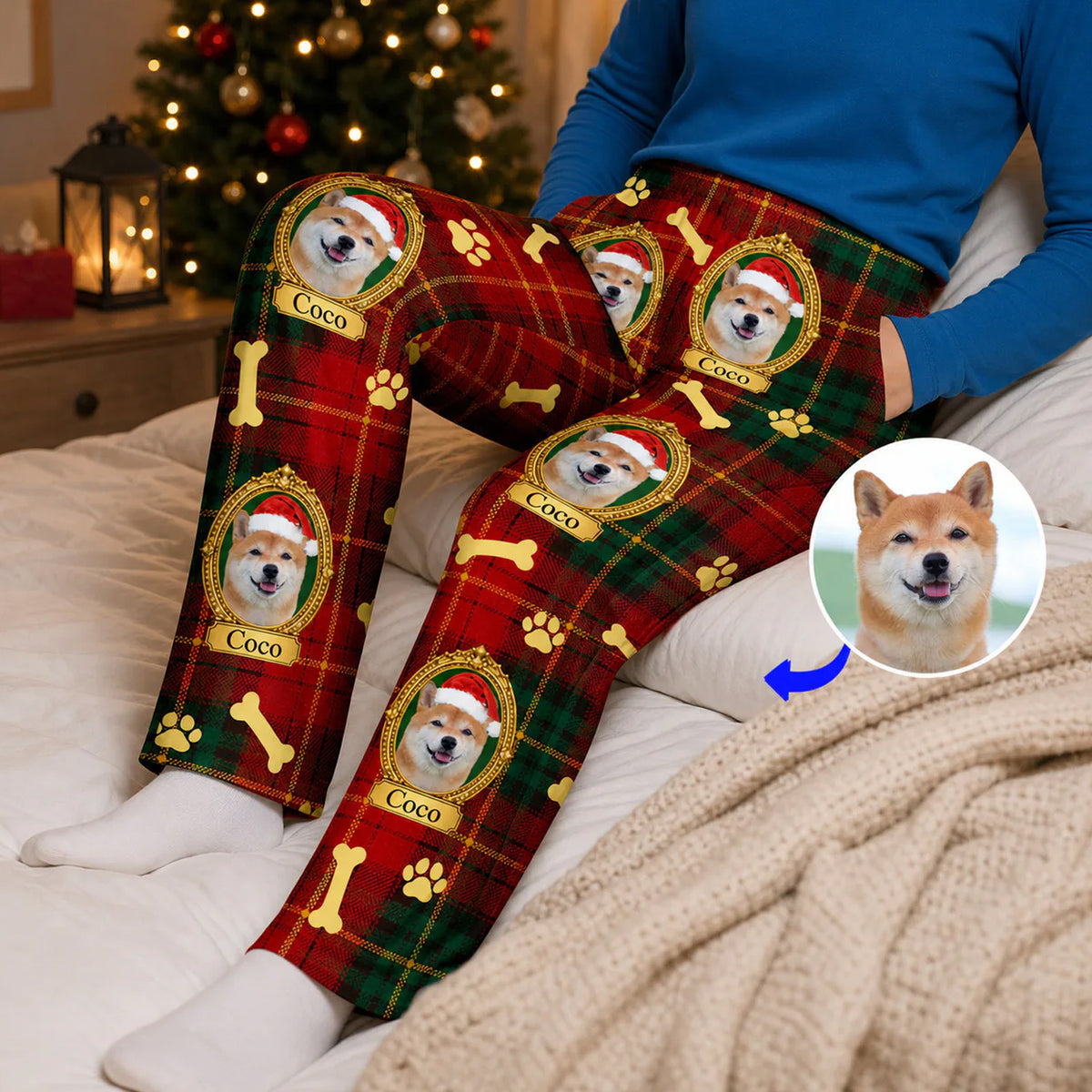 Custom pet framed portrait plaid pajama pants worn seated on a bed, with a small inset photo of a dog