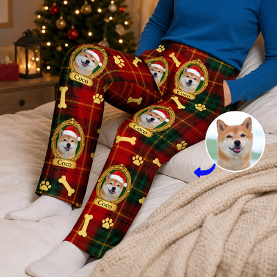 Custom pet framed portrait plaid pajama pants worn seated on a bed, with a small inset photo of a dog