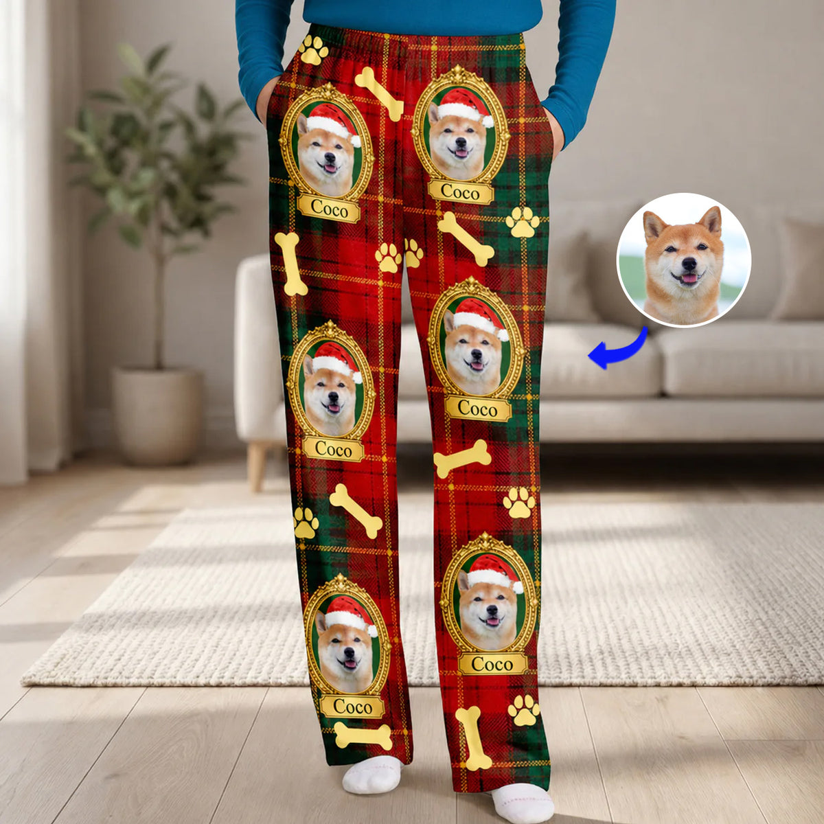 Custom pet framed portrait plaid pajama pants front view in a bright room, with an inset dog photo and arrow