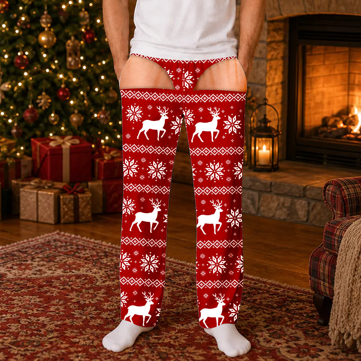 Funny Men's Christmas -  Personalized Pajama Pants, Fake Underwear Illusion Plaid Bottoms, Christmas Gag Gift for Men, Ugly Christmas for Him