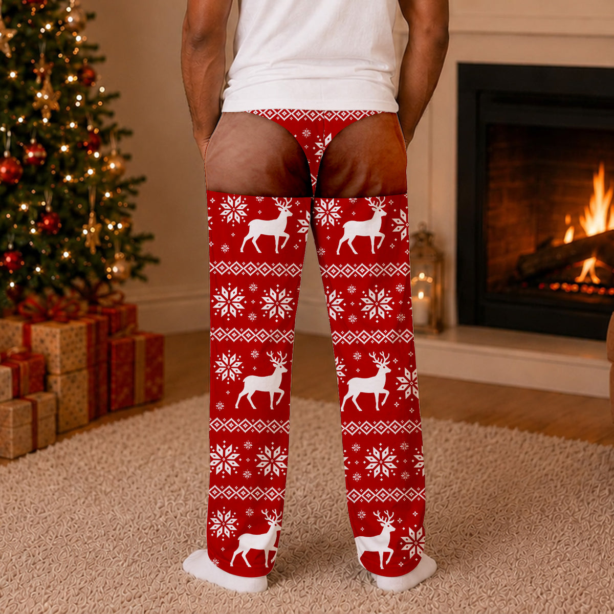 Funny Men's Christmas -  Personalized Pajama Pants, Fake Underwear Illusion Plaid Bottoms, Christmas Gag Gift for Men, Ugly Christmas for Him