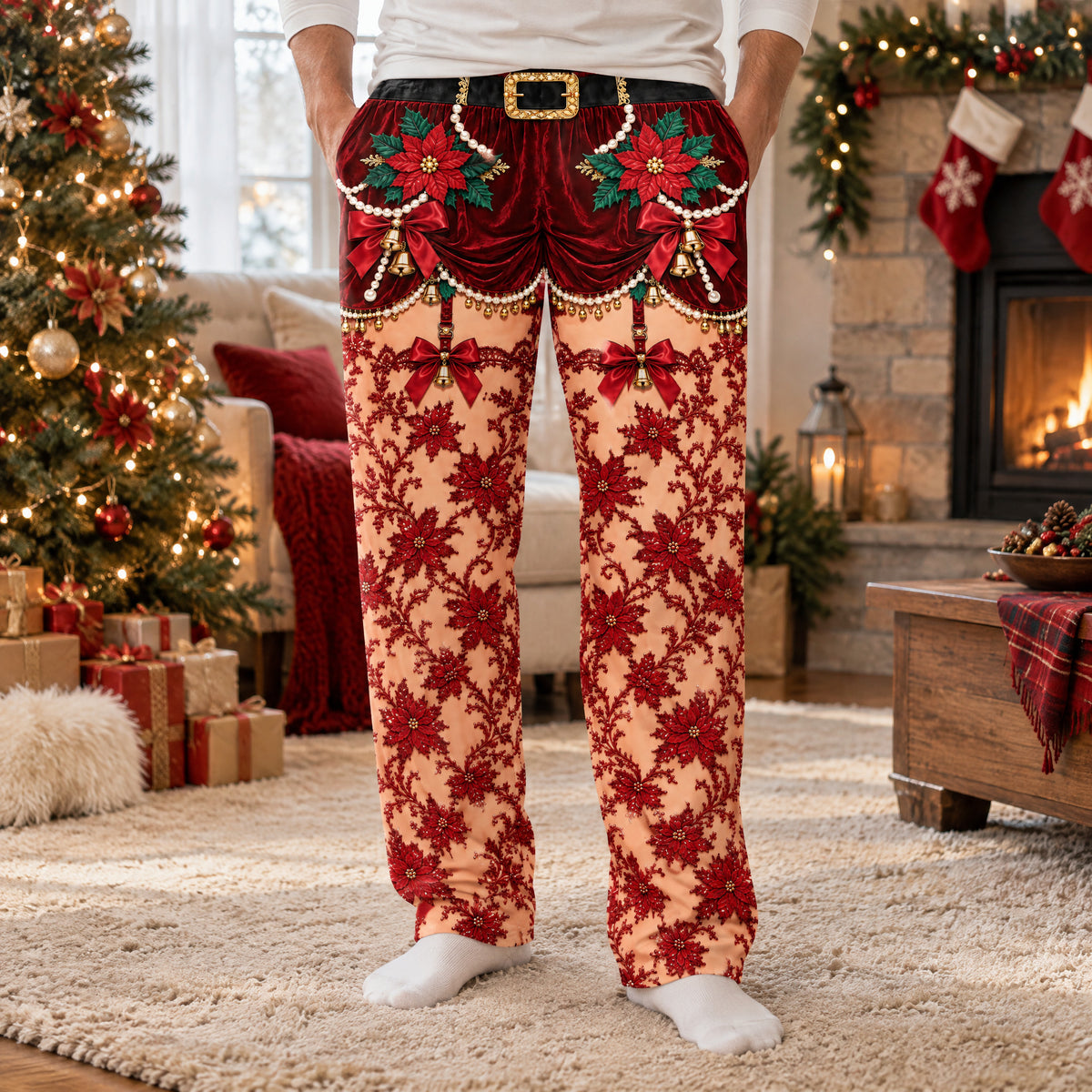 Funny holiday pajama pants in red poinsettia print with pearl trim, worn by the fireplace and Christmas tree