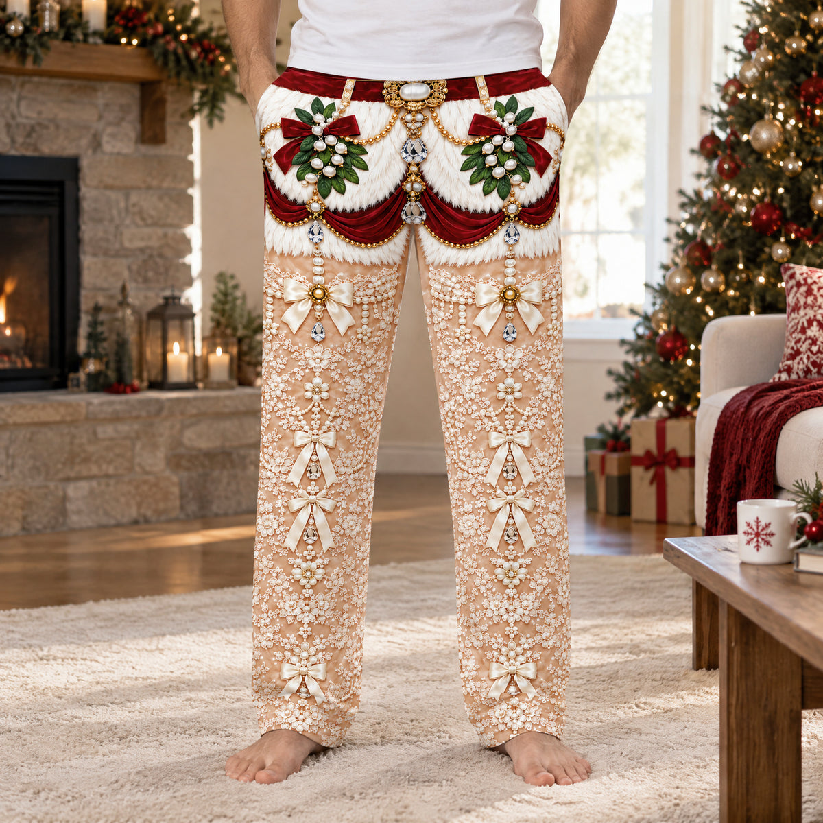 Funny holiday pajama pants with white fur-look top, pearl bows and gems, front view near a fireplace