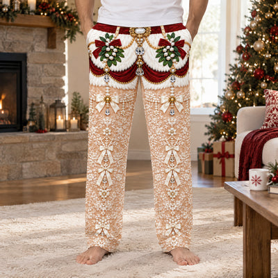Funny holiday pajama pants with white fur-look top, pearl bows and gems, front view near a fireplace