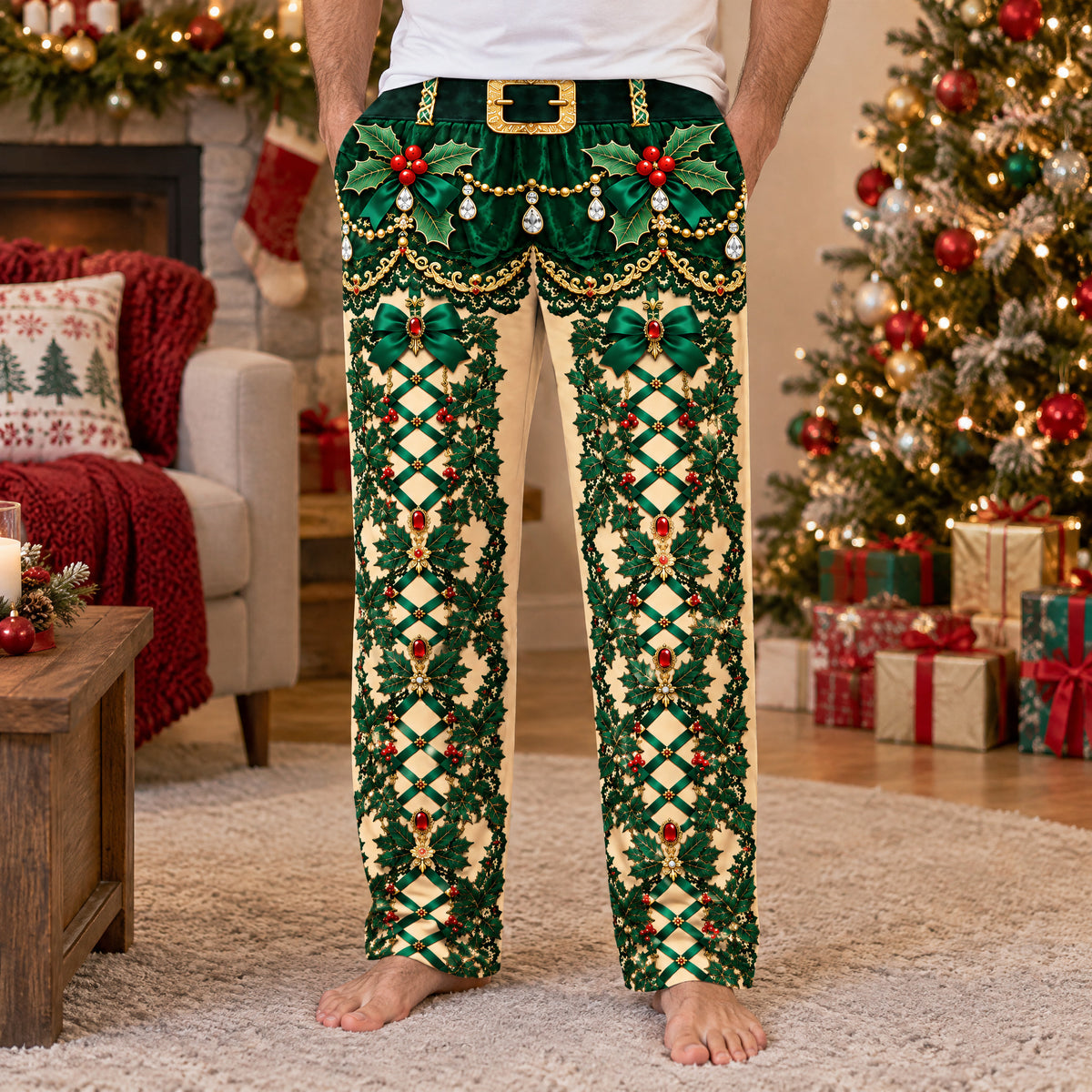 Funny holiday pajama pants close view of green holly print, gold belt design and bows beside a decorated tree