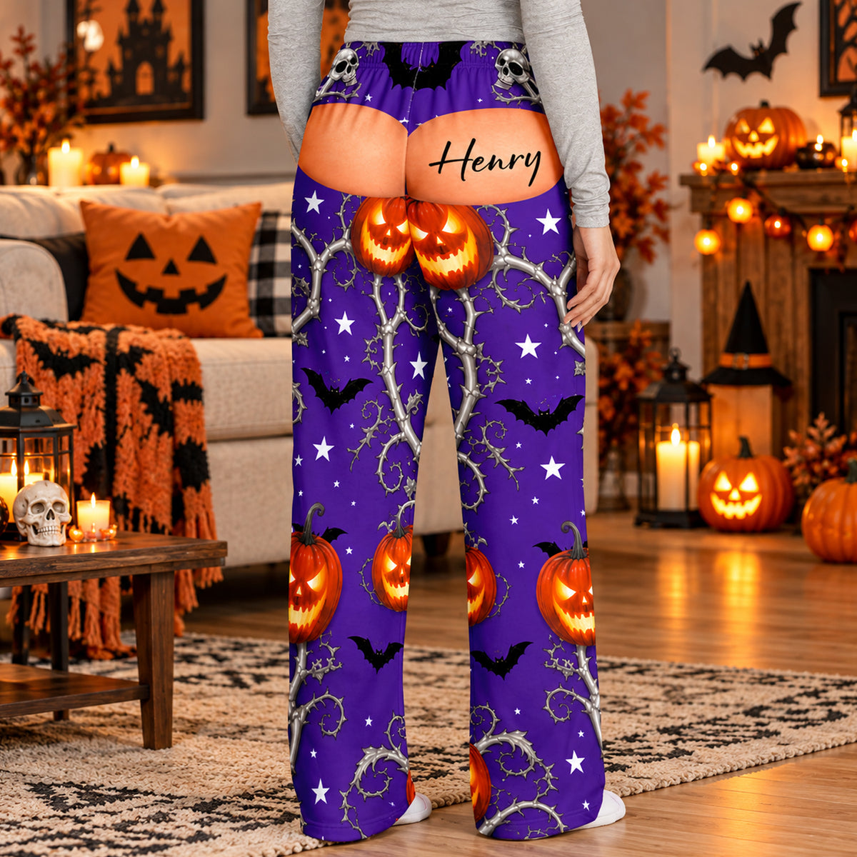 This Butt Belong To - Personalized Pajama Pants, Funny Gift For Men, Custom Name Halloween Fake Butt Lounge Pants, Spooky Gag Gift Husband