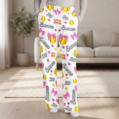 Pink Bow Softball- Personalized Pajama Pants, Coquette Soft Ball Custom Name and Number, Softball Team Gift