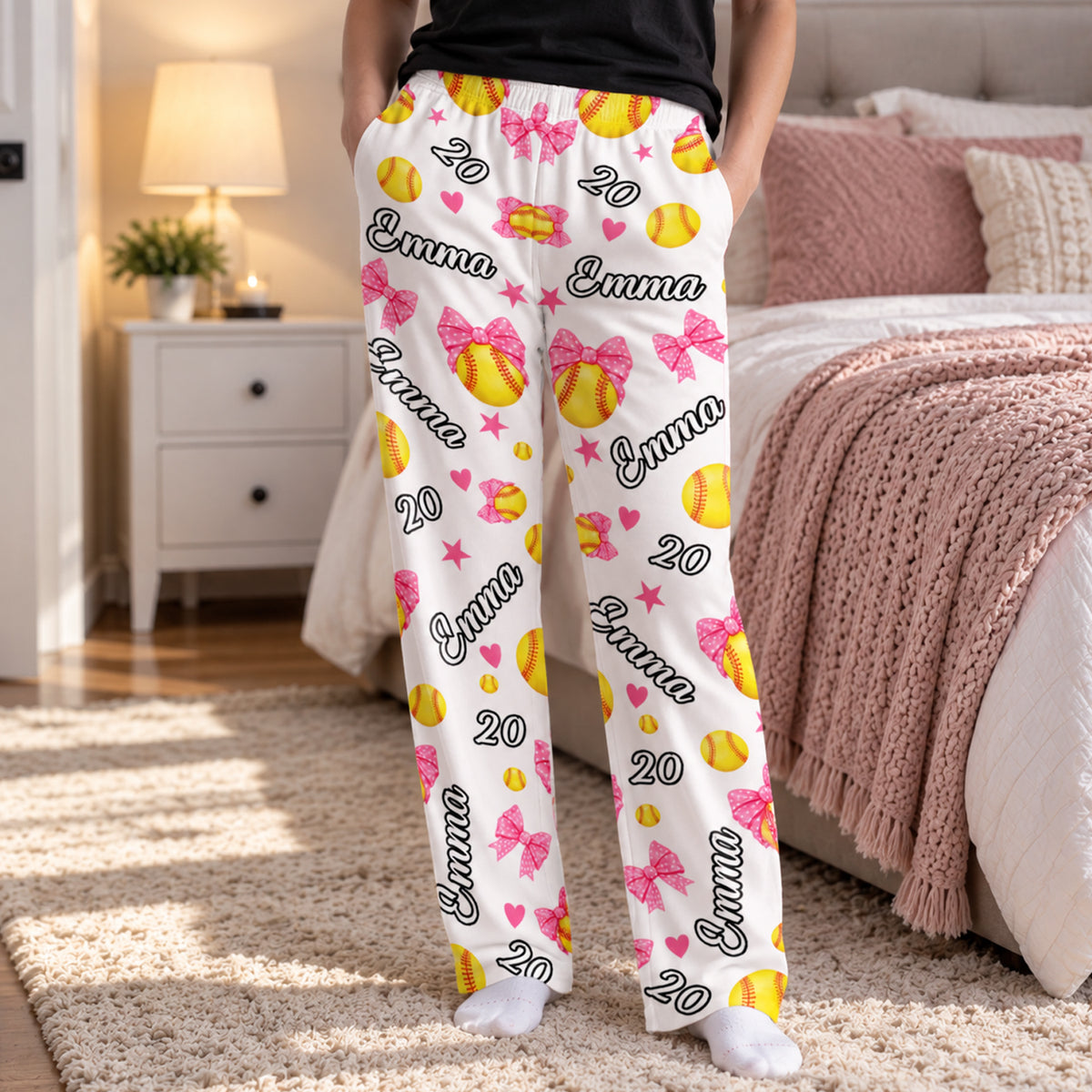 Pink Bow Softball- Personalized Pajama Pants, Coquette Soft Ball Custom Name and Number, Softball Team Gift