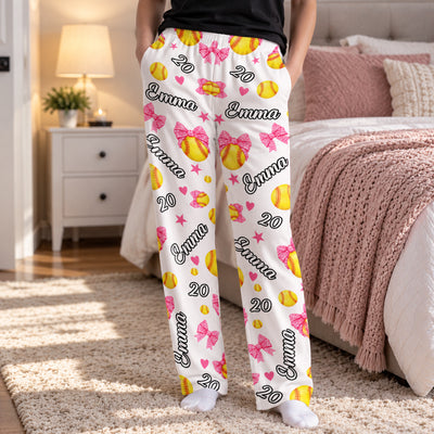 Pink Bow Softball- Personalized Pajama Pants, Coquette Soft Ball Custom Name and Number, Softball Team Gift