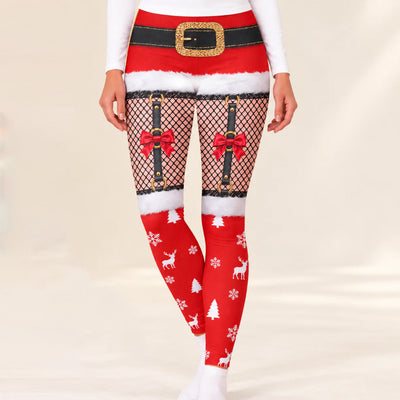 Personalized Christmas character leggings worn with white top, front view of Santa belt and fishnet print
