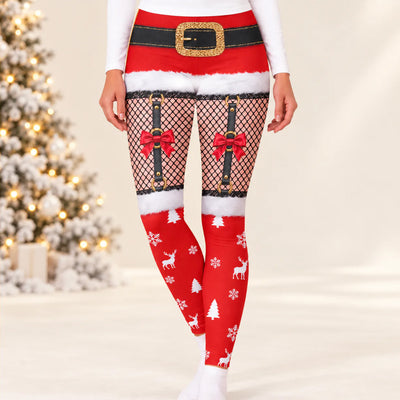 Personalized Christmas character leggings worn in front of a lit, snow-flocked Christmas tree