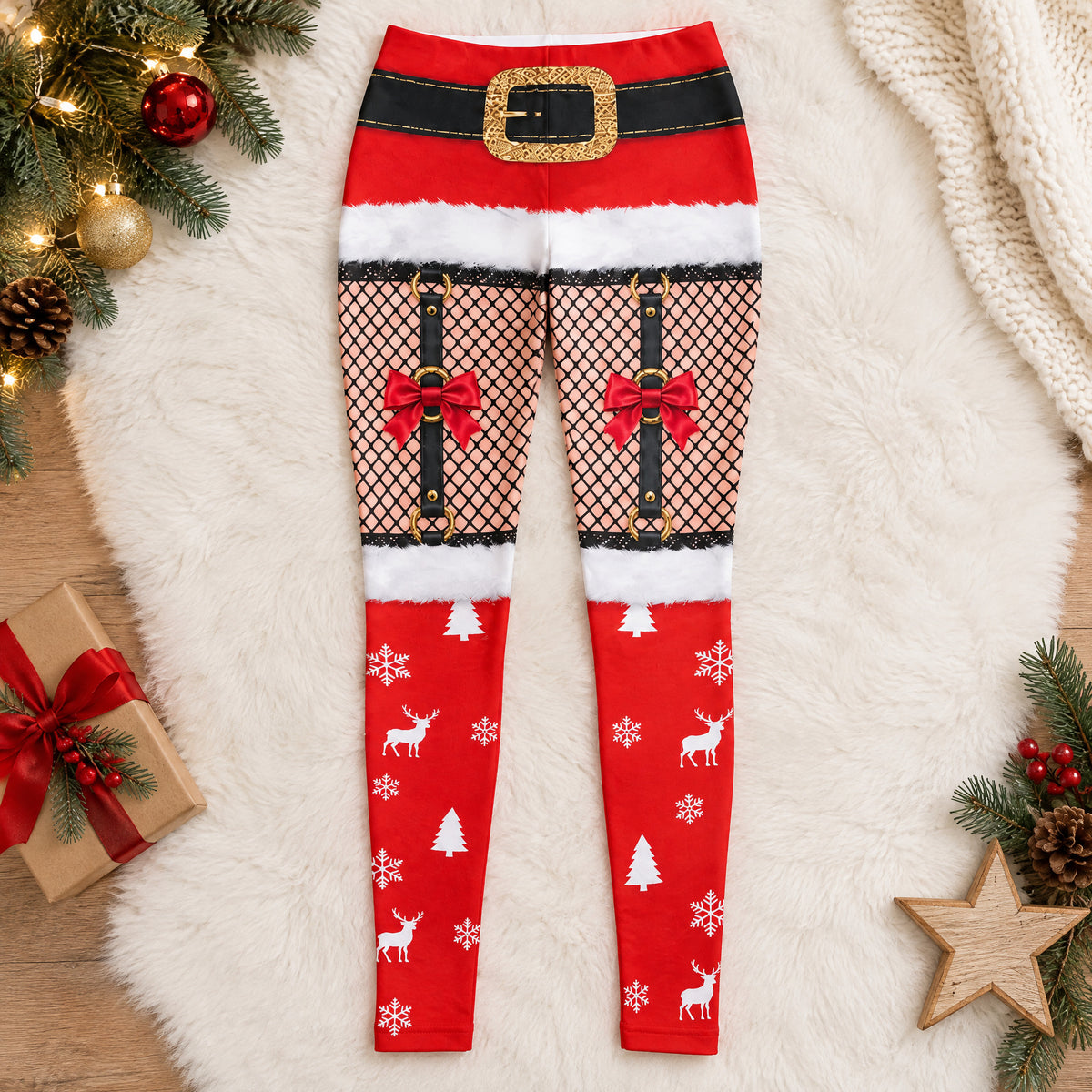 Personalized Christmas character leggings laid flat on white fur rug with gift, pine branches and wooden star