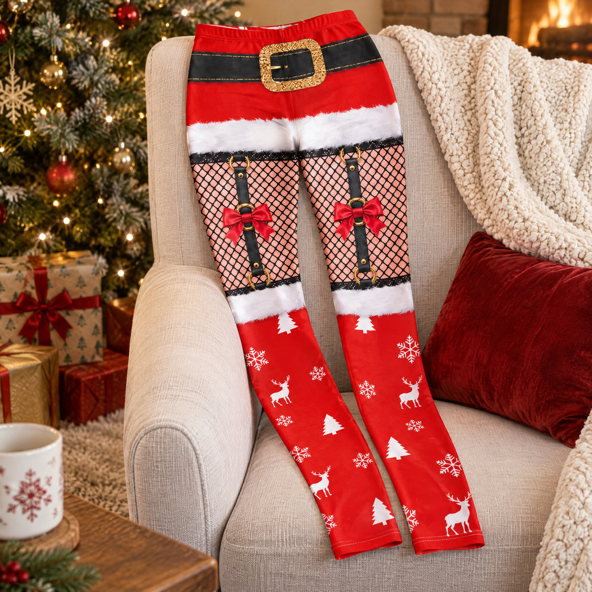 Personalized Christmas character leggings draped over a beige armchair near a tree, gifts and red pillow