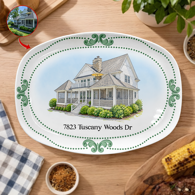 Our Happy Home - Personalized Platter, Custom House Portrait Ceramic Plate, Housewarming Gift, New Home Keepsake