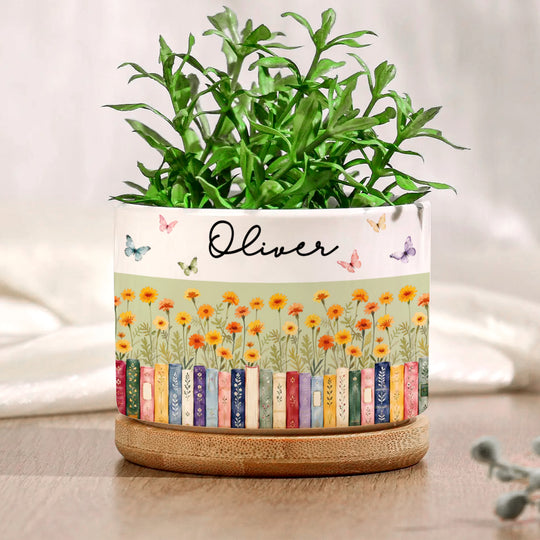 Books And Birth Flowers - Personalized Plant Pot, Book Lover Gift, Gift for Reader