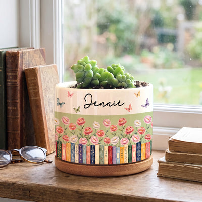 Books And Birth Flowers - Personalized Plant Pot, Book Lover Gift, Gift for Reader