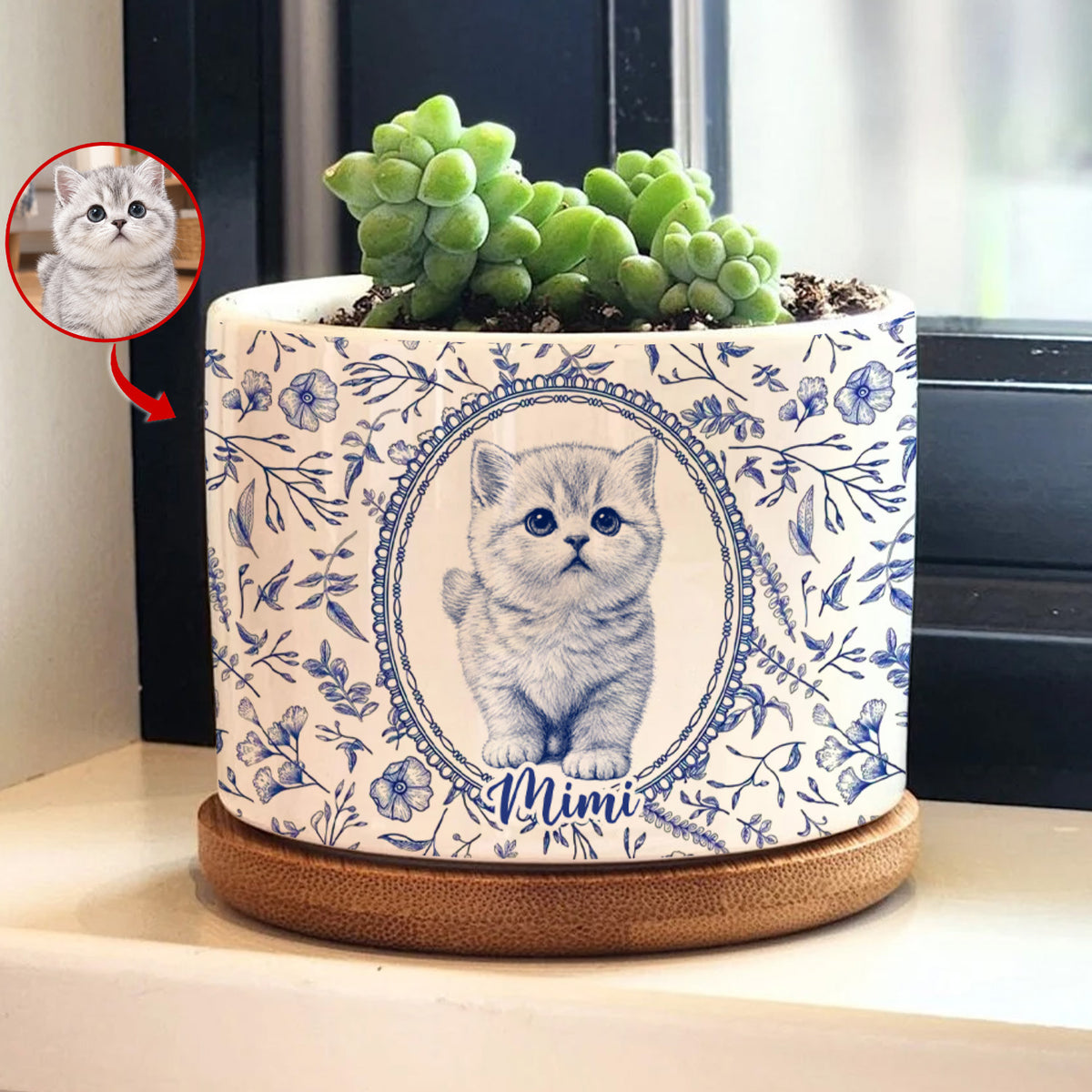 Cute Pet Blue Toile De Jouy Photo - Personalized Plant Pot, Gift For Pet Lovers, Custom pet Portrait From Photo