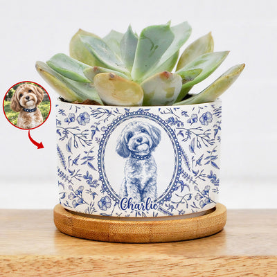 Cute Pet Blue Toile De Jouy Photo - Personalized Plant Pot, Gift For Pet Lovers, Custom pet Portrait From Photo