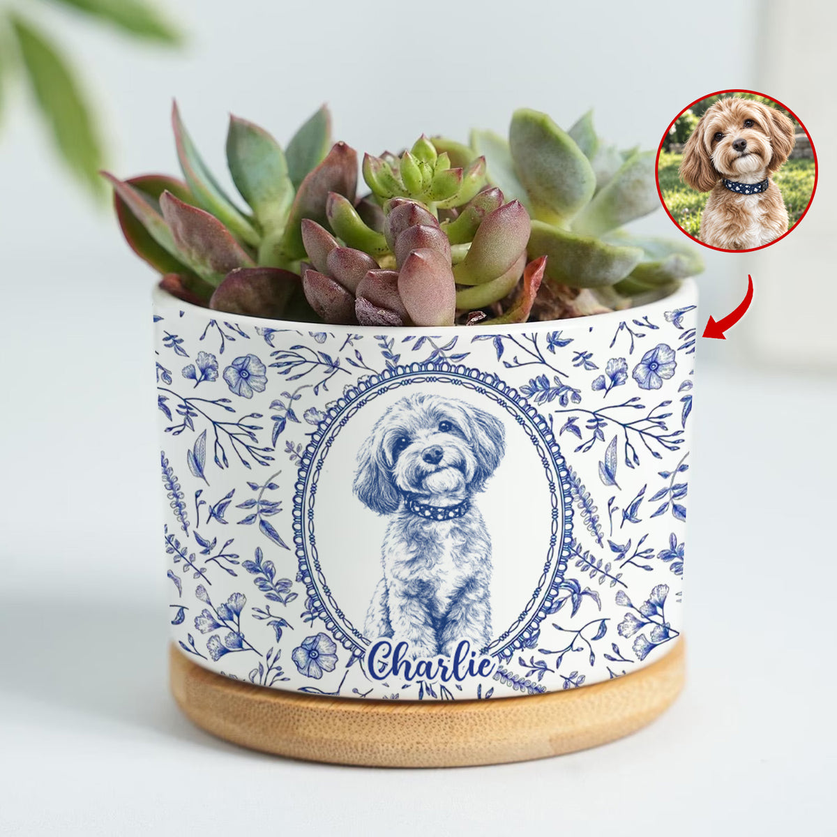 Cute Pet Blue Toile De Jouy Photo - Personalized Plant Pot, Gift For Pet Lovers, Custom pet Portrait From Photo