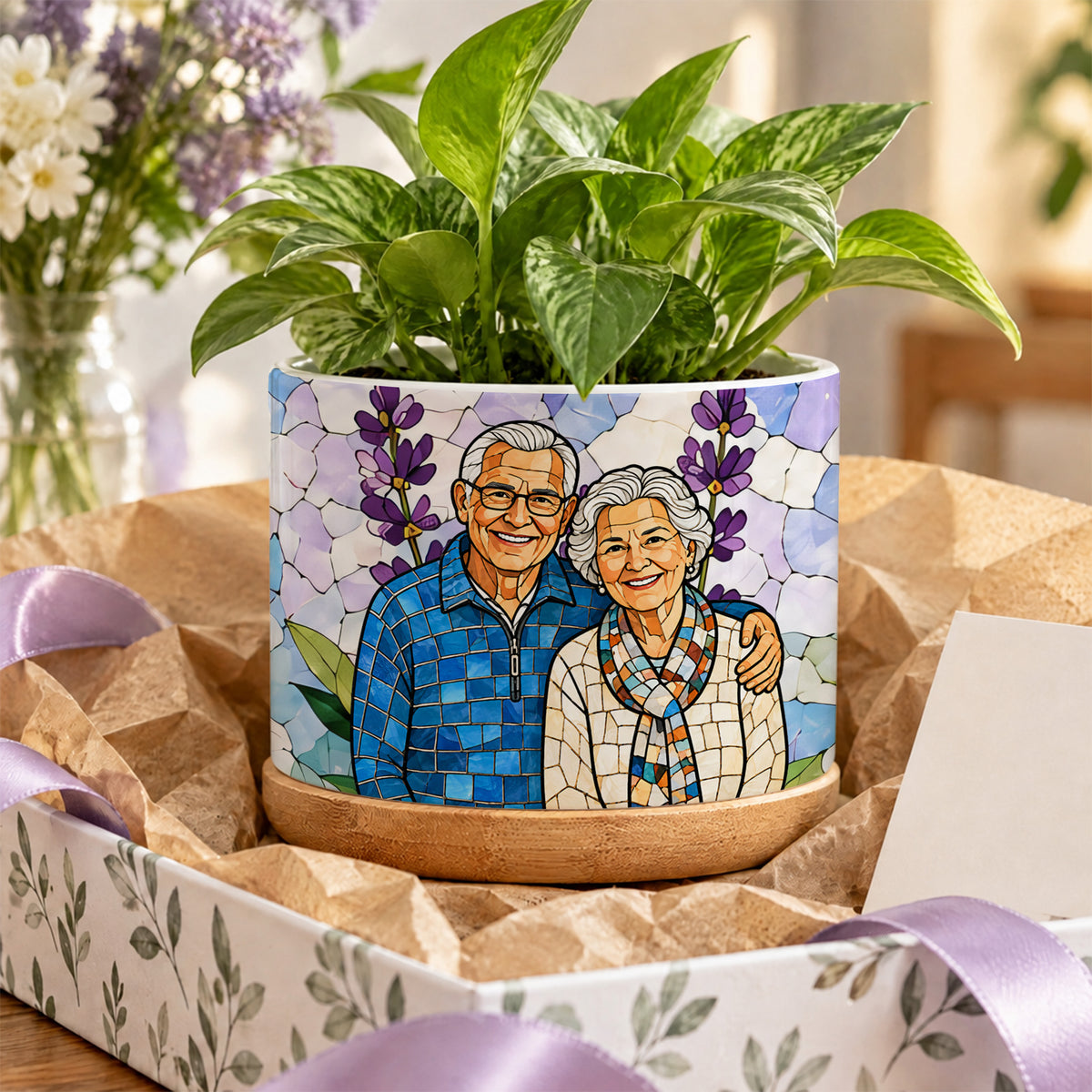 Personalized plant pot couple photo with mosaic older couple and lavender, pothos plant, bamboo tray, gift box with ribbon