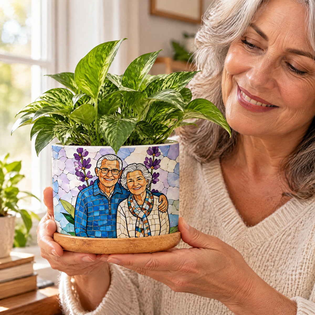 Personalized plant pot couple photo held in both hands by a smiling woman, older couple mosaic design and pothos plant
