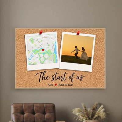 Personalized Polaroid Map and Photo Poster on a cork board hung on a gray wall above a brown leather chair