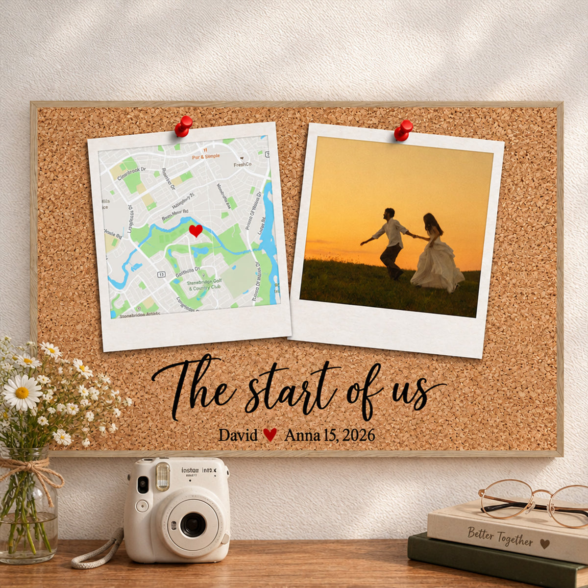 Personalized Polaroid Map and Photo Poster on cork board with a camera, flowers and books below on a shelf