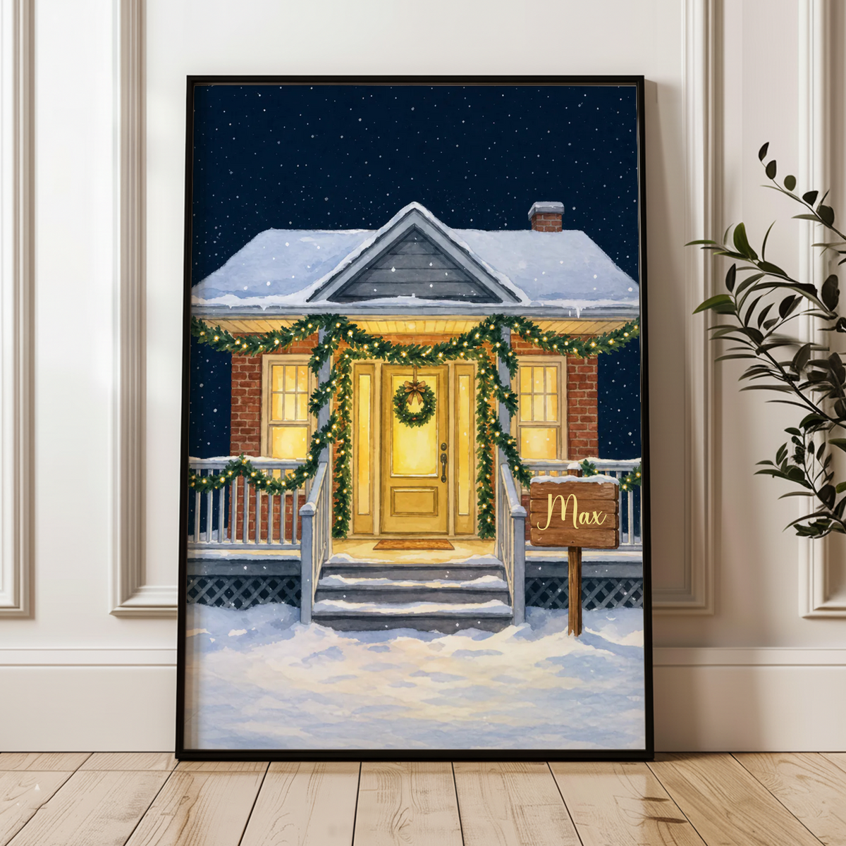 Personalized Family Home Winter Print - Cozy Christmas Scene