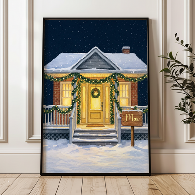 Personalized Family Home Winter Print - Cozy Christmas Scene