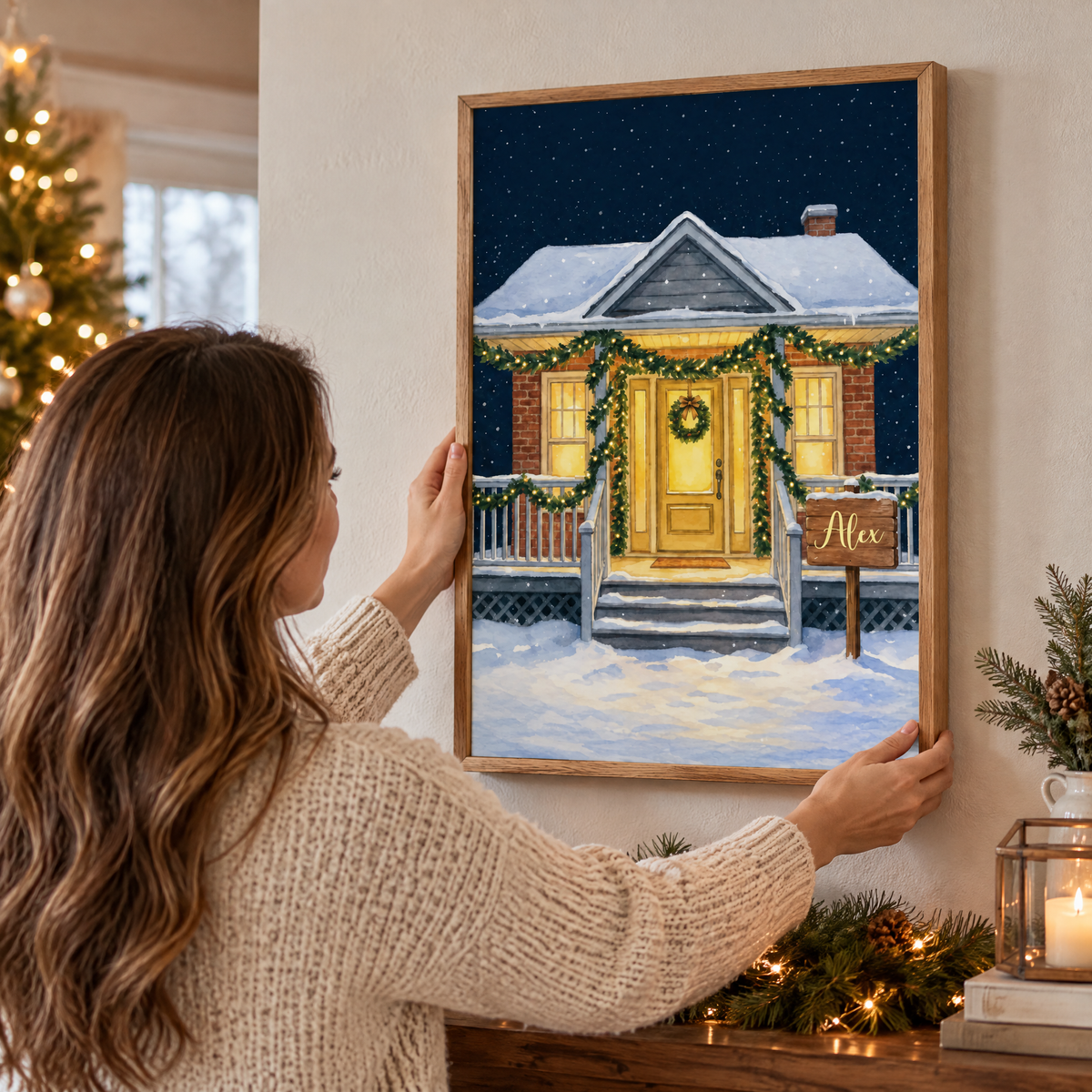 Personalized Family Home Winter Print - Cozy Christmas Scene