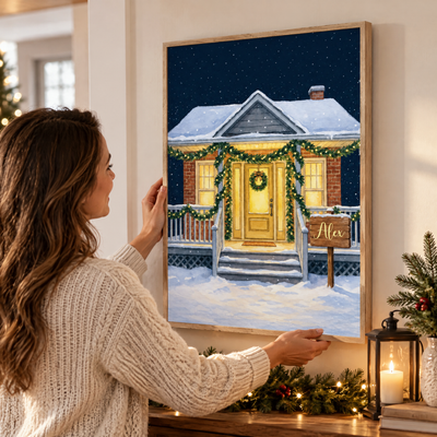 Personalized Family Home Winter Print - Cozy Christmas Scene