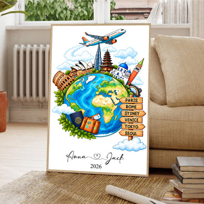 Watercolor travel globe personalized poster leaning in a living room by a sofa, radiator and stack of books