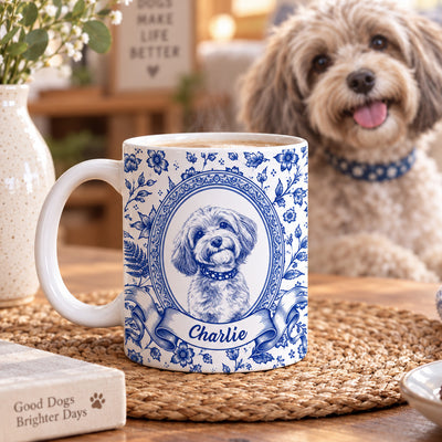 My Friend Has Four Paws - Personalized Mug, Blue Toile Pet Gift With Custom Portrait From Photo