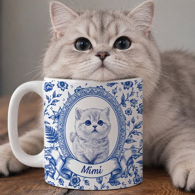 My Friend Has Four Paws - Personalized Mug, Blue Toile Pet Gift With Custom Portrait From Photo