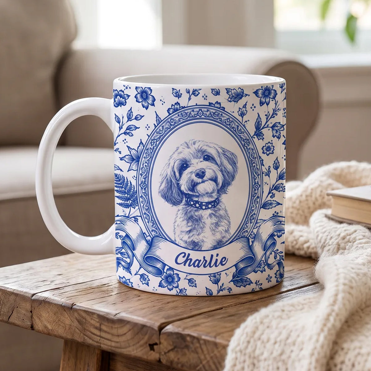 My Friend Has Four Paws - Personalized Mug, Blue Toile Pet Gift With Custom Portrait From Photo
