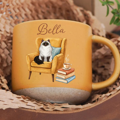 Cozy Reading Book & Cats - Personalized Pottery Mug, Gift For Cat Mom, Book Lovers Gift