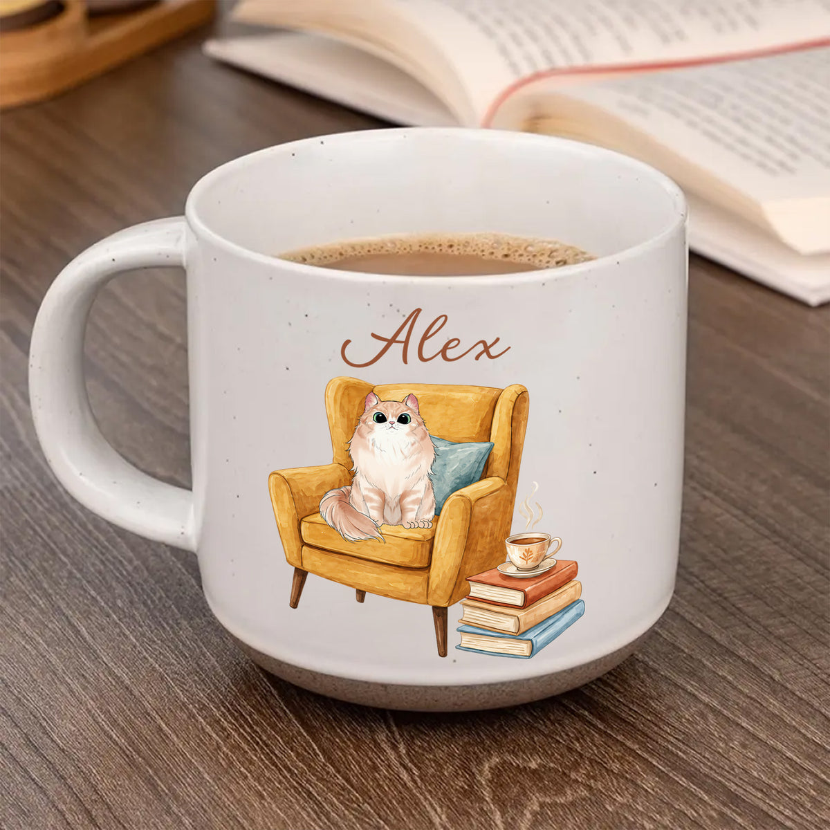 Cozy Reading Book &amp; Cats - Personalized Pottery Mug, Gift For Cat Mom, Book Lovers Gift