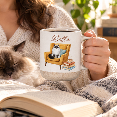 Cozy Reading Book & Cats - Personalized Pottery Mug, Gift For Cat Mom, Book Lovers Gift