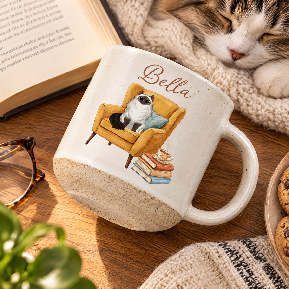 Cozy Reading Book &amp; Cats - Personalized Pottery Mug, Gift For Cat Mom, Book Lovers Gift