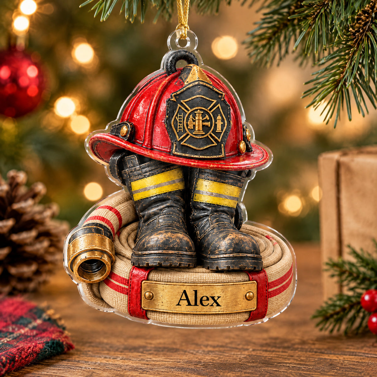 Firefighter Gear - Personalized Acrylic Ornament, Custom Name Flat Acrylic Christmas Ornament, Gift for Firefighter